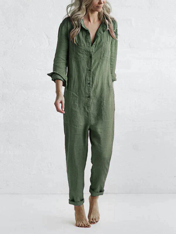 Soft Cotton Jumpsuit | Turn-Down Collar, Relaxed Fit