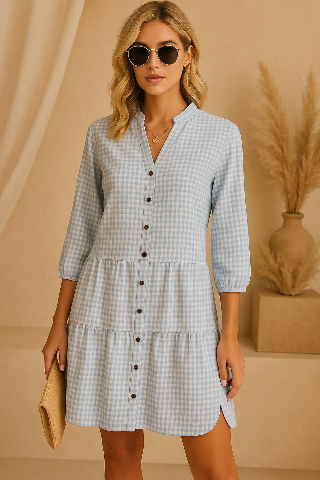 Clara – Gingham Shirt Dress with Tiered Skirt and 3/4 Sleeves