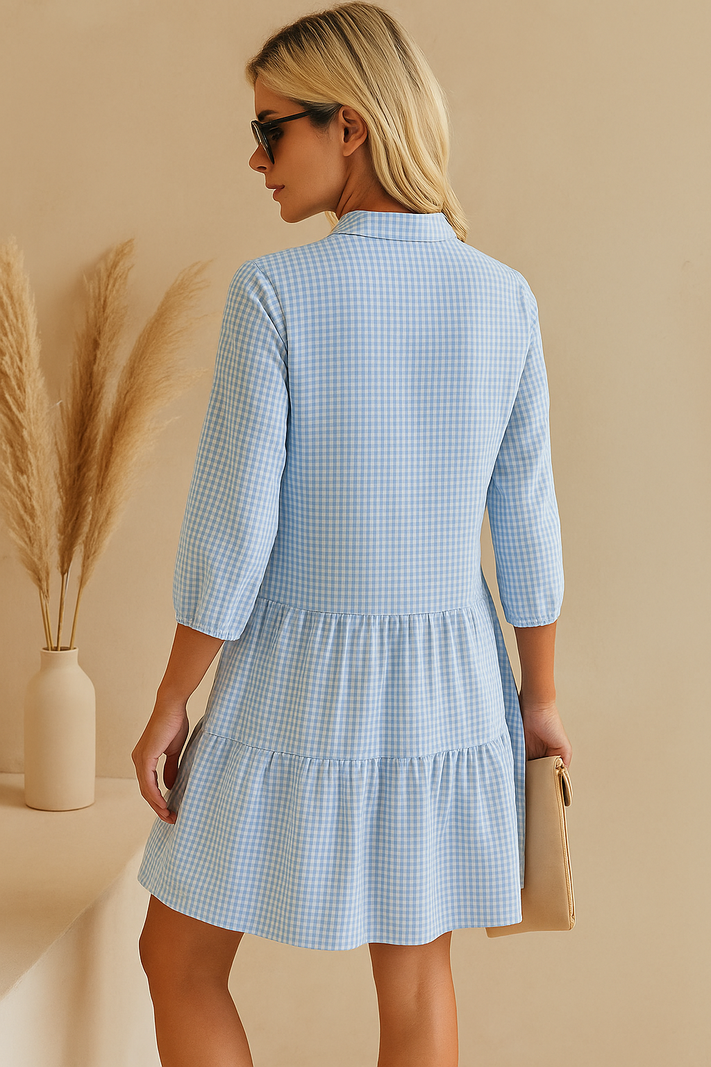 Clara – Gingham Shirt Dress with Tiered Skirt and 3/4 Sleeves