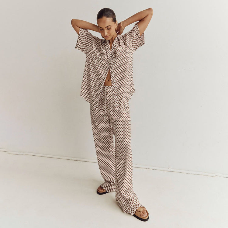 Geometric Print Shirt & Wide-Leg Trousers Set